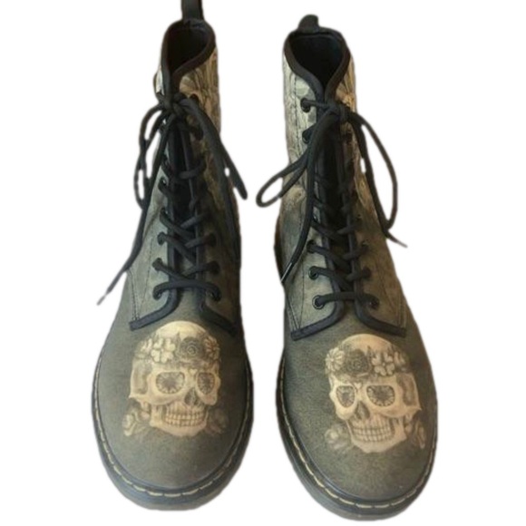 Unisex unbranded green sugar skull combat boots. Women Sz 11. Men Sz 8.5. Goth - Picture 2 of 9